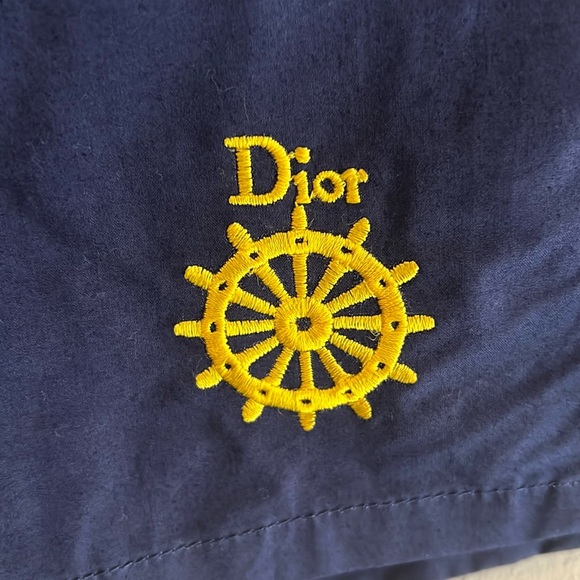CHRISTIAN DIOR NAVY SWIM TRUNKS WITH EMBROIDERED NAUTICAL WHEEL